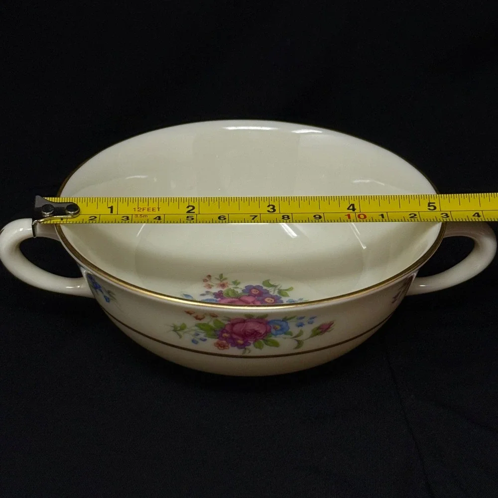 Lenox Rose Floral Cream Soup Handle Bowls Set 3 Pcs Floral Gold Trim 5 Inch Diam